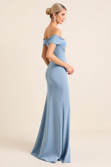 Matt Satäng Off The Shoulder Dusty Blue Rynkad Slida Brudtärna Klänning med slits